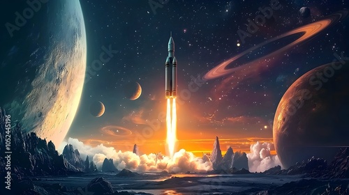 Interstellar Rocket Launch from Alien Planet with Celestial Rings and Moons