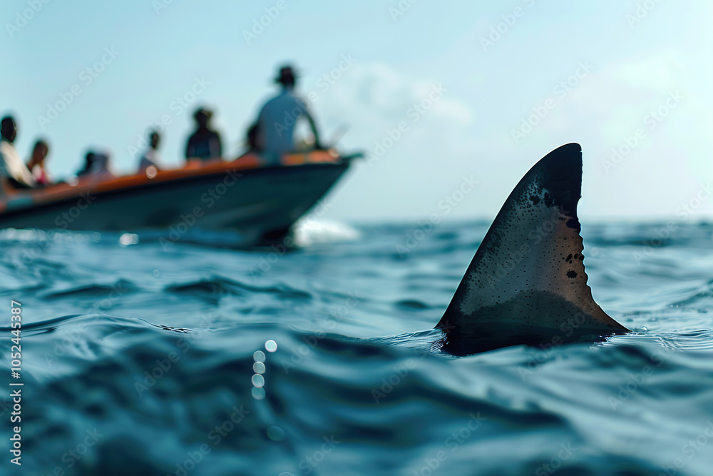 Fototapeta premium Big white shark fin against of boat with tourists background