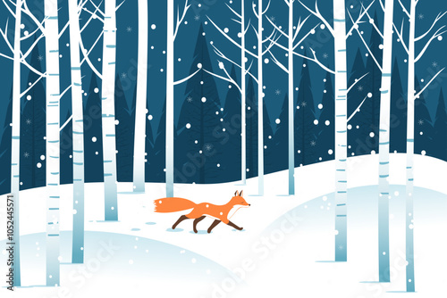 Fox runs through the winter forest among the trees. Winter snowy forest with large snowdrifts in snowy weather. Winter vector illustration.