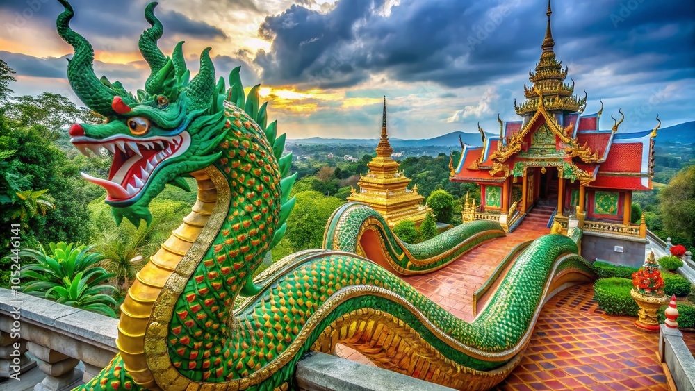 Fototapeta premium Naga Snake Sculpture Guarding Thai Temple Entrance - Serpentine Guardian of Spirituality and Culture