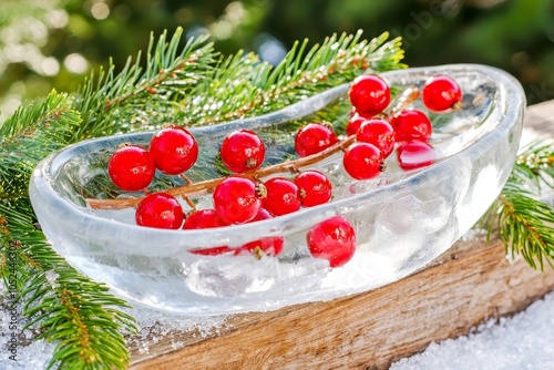 An ice sculpture decorated with apples as a Christmas decoration