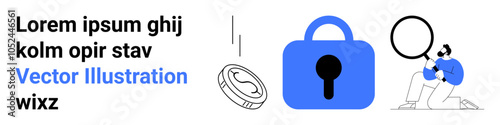 Person examines data with magnifying glass, with lock and coin symbolizing privacy and finance. Ideal for cybersecurity, finance, online security, data protection, digital transactions. Banner