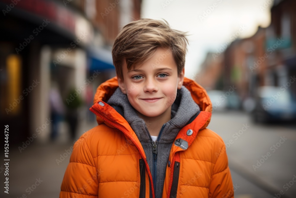 Portrait of a boy in an orange jacket on the street. Portrait of a boy in an orange jacket on the street.
