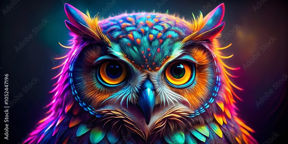Neon Owl Portrait: Abstract Macro Photography of an Owl with Vibrant Rainbow Highlights and Artistic Neon Lines for Neon Owl Portrait: Abstract Macro Photography of an Owl with Vibrant Rainbow Highlights and Artistic Neon Lines for