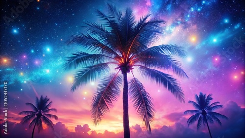 Neon Palm Tree in Vibrant Night Sky - Tropical Vibes and Urban Aesthetic