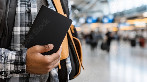 Close up of a man's hands holding a black notebook in an airport.