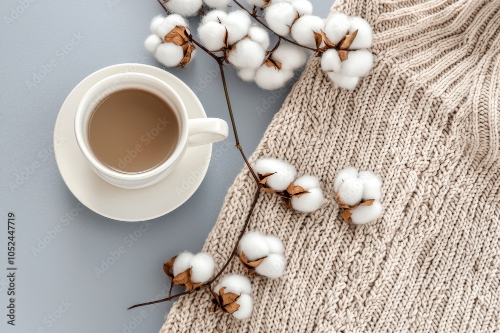 A photo of a knitted scarf and cotton branch against an isolated pastel grey background with copy space as an inspiration for winter. A photo of a knitted scarf and cotton branch against an isolated pastel grey background with copy space as an inspiration for winter.
