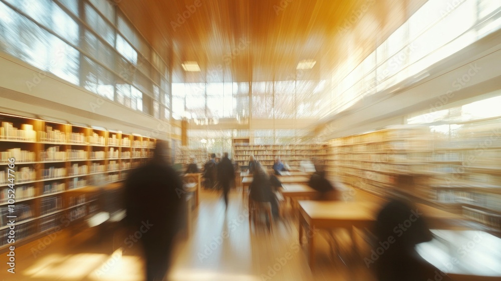 A blurred view of a library interior with people studying and bookshelves in the background. A blurred view of a library interior with people studying and bookshelves in the background.