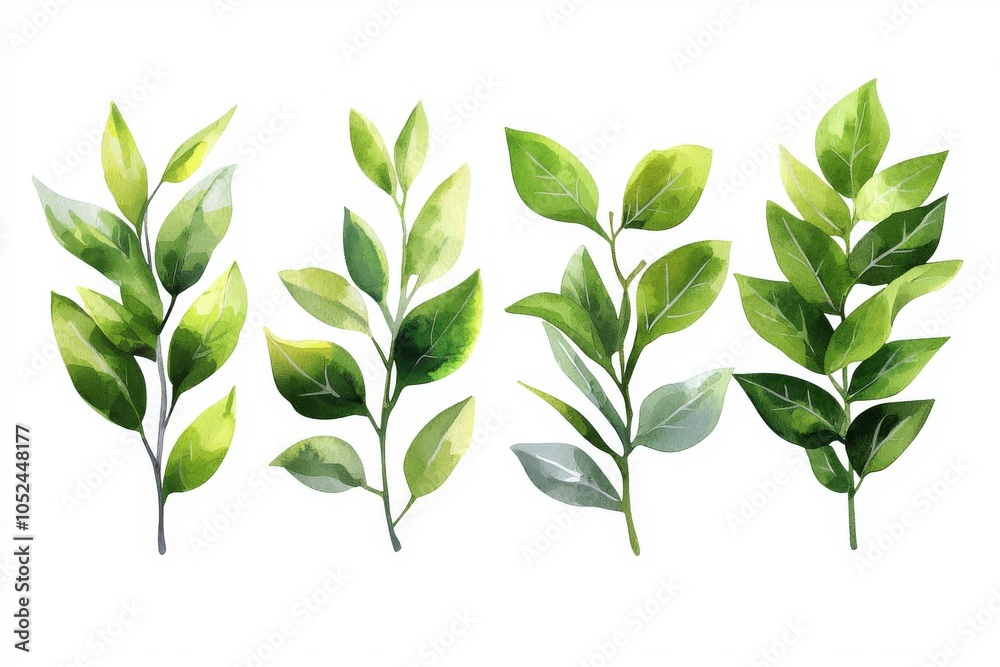 Obraz premium Illustration of watercolor leaves on a white background, isolated on a white background.