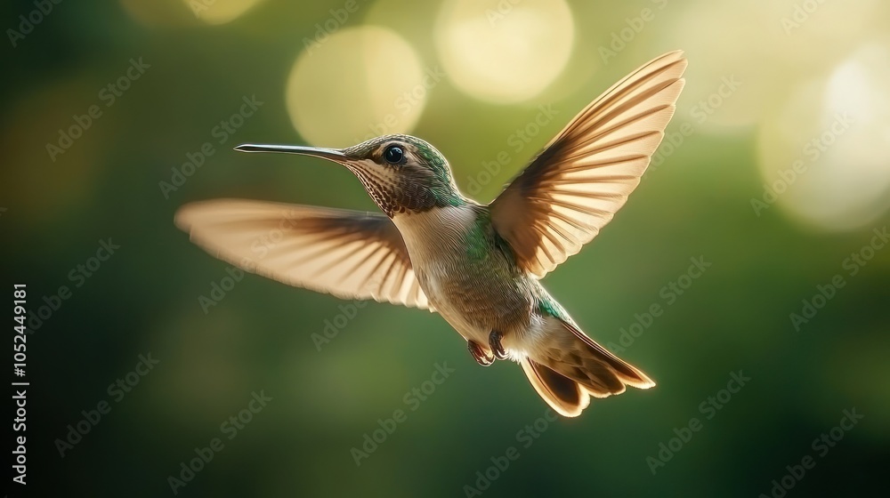 Obraz premium Close-up of a hummingbird in flight with a blurred background.