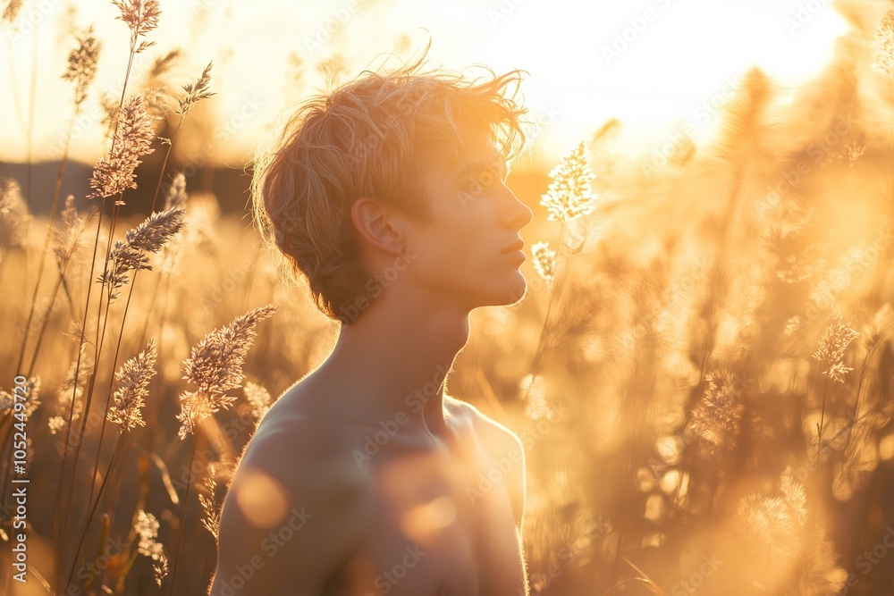A captivating portrait of a person in a sunlit field, enveloped by golden hues and flowing grasses. A captivating portrait of a person in a sunlit field, enveloped by golden hues and flowing grasses.