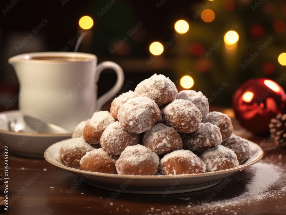 Hot chocolate mug and donut holes on a plate for a joyful Christmas time celebration Hot chocolate mug and donut holes on a plate for a joyful Christmas time celebration