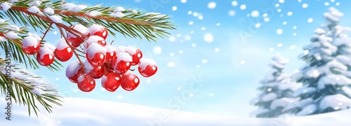 Snow-covered pine branches with red berries, softly falling snowflakes, and a blurred background create a serene winter scene