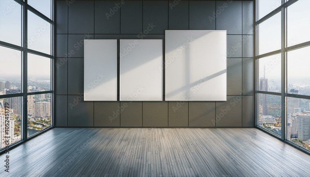 Empty modern gallery wall with tile design and city view windows. 3D Rendering Empty modern gallery wall with tile design and city view windows. 3D Rendering