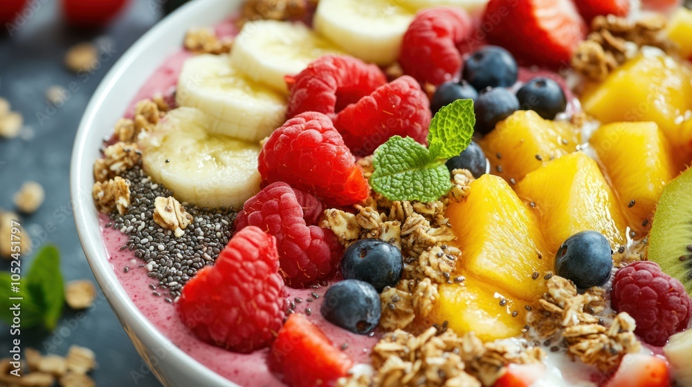 Close up of a smoothie bowl topped with fresh fruit Close up of a smoothie bowl topped with fresh fruit