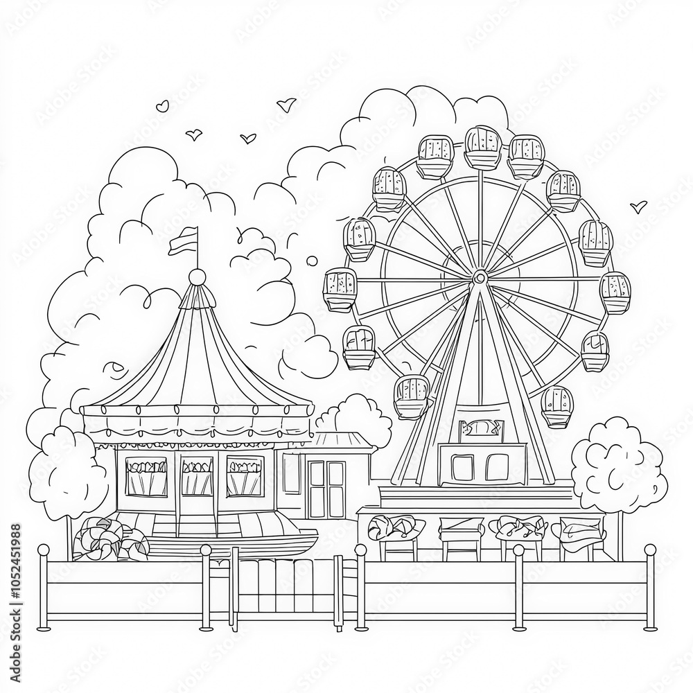 Fototapeta premium A whimsical fair with rides and cotton candy, coloring page for kids, simple outline illustration. Coloring book, simple lines.
