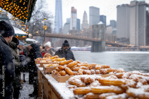 A Street Vendor Preparing Fresh Churros, With Powdered Sugar Flying In The Air, And Customers Enjoying Their Treats With The Skyline Of Manhattan In Focus Behind Them