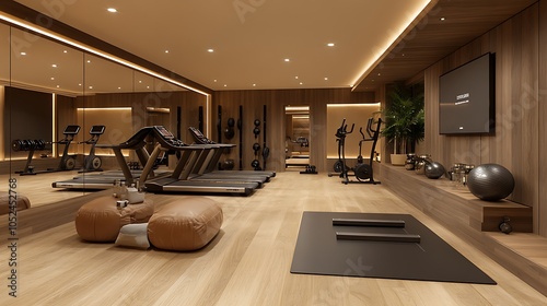 A modern home gym with wood floors, a large mirror, and a variety of exercise equipment.