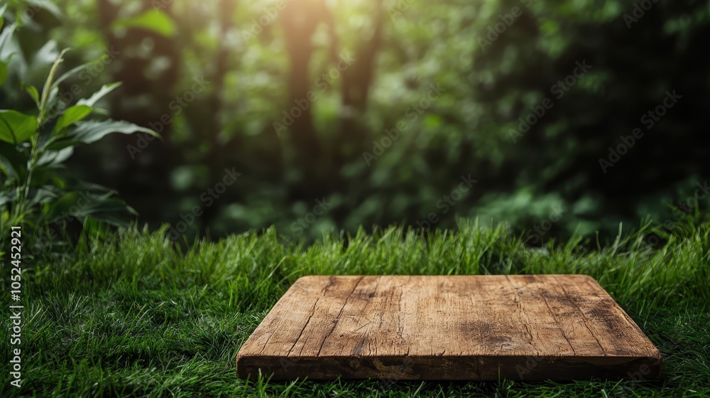 A rustic wooden board is set against a lush green grassy foreground with a forest backdrop, capturing a sense of nature's simple beauty and tranquil solitude. A rustic wooden board is set against a lush green grassy foreground with a forest backdrop, capturing a sense of nature's simple beauty and tranquil solitude.