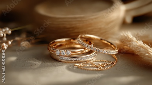 Gold rings encrusted with diamonds sit in a rustic setting on a wooden table, reflecting elegance, craftsmanship, and romantic commitment in lovely lighting. photo