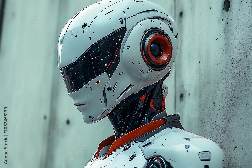 A futuristic robot with a white and orange helmet stands against a concrete wall. A futuristic robot with a white and orange helmet stands against a concrete wall.