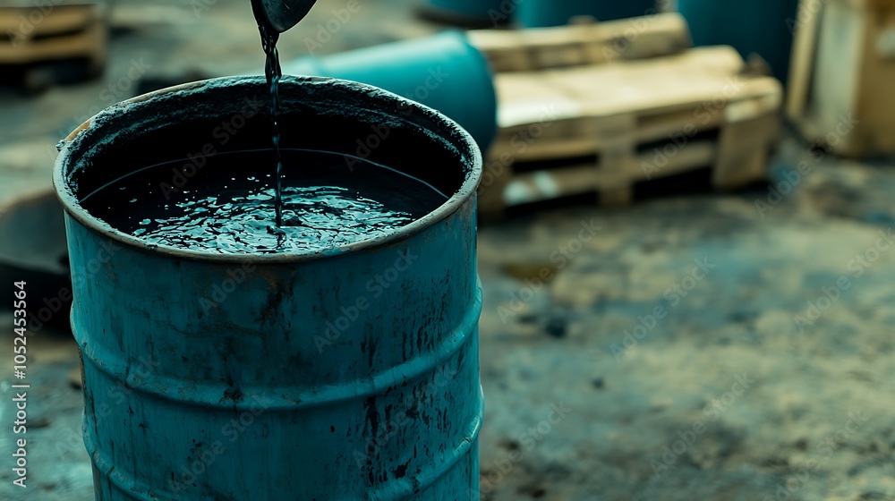 A close-up of a blue barrel filled with liquid, set in an industrial environment. A close-up of a blue barrel filled with liquid, set in an industrial environment.
