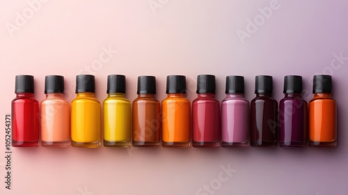 A row of vibrant colored bottles is arranged neatly against a smooth gradient background, showcasing a spectrum of colors from yellow to deep purple with precise alignment.