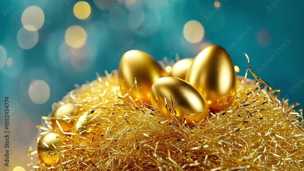 Golden eggs nestled in sparkling gold tinsel against a blue bokeh background