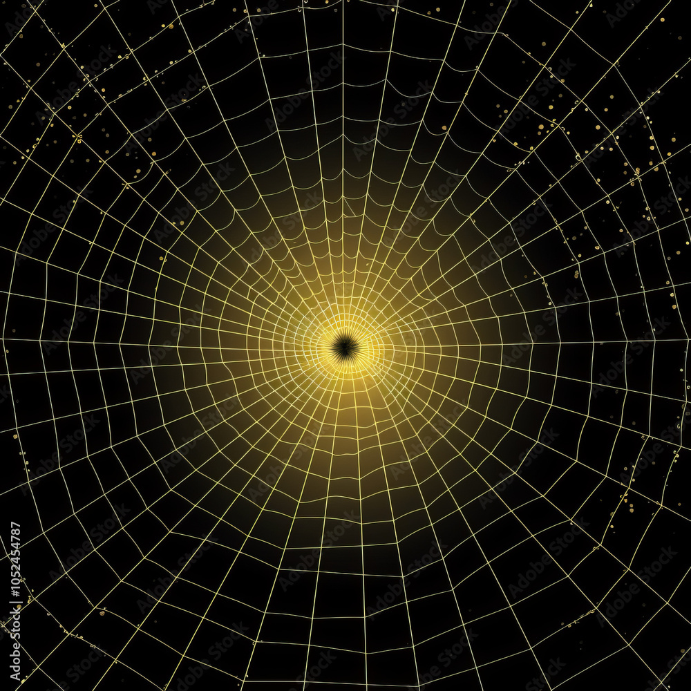 Fototapeta premium Glowing golden spiderweb on a dark background, Halloween-themed abstract web design, perfect for spooky decorations.