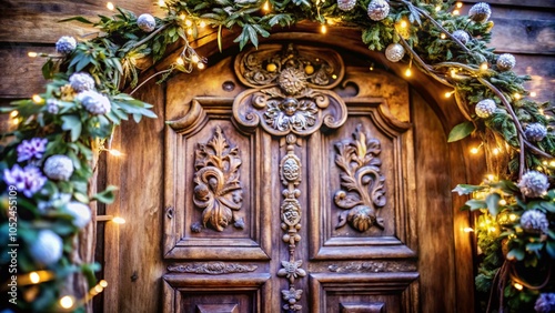 Ornamental Garland on Ancient Wooden Door - Surreal Photography of Nature's Beauty and Timeless Architecture