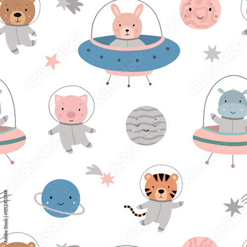 A cute childish pattern. Funny animals in space suits. Vector illustration for printing on fabric, wallpaper, gift paper, clothes