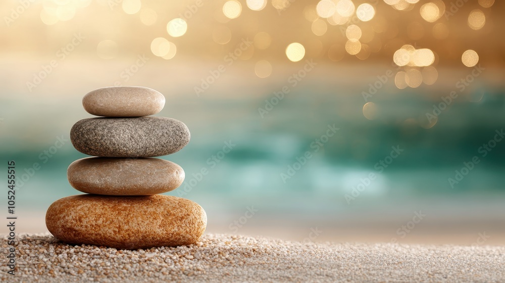 Artfully arranged stack of natural stones on a sandy beach exemplifies harmony and peace, blending seamlessly into the nature of the ocean's soothing horizon. Artfully arranged stack of natural stones on a sandy beach exemplifies harmony and peace, blending seamlessly into the nature of the ocean's soothing horizon.