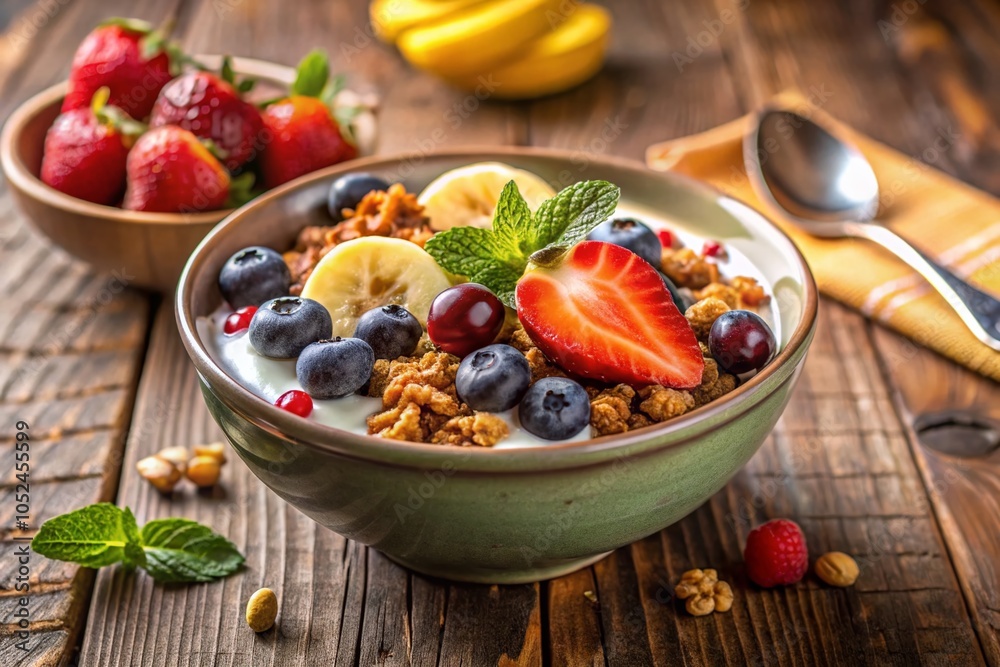 Overhead Shot of a Vibrant Healthy Breakfast Bowl with Granola and Fresh Fruit for Nutritious Eating and Wellness Overhead Shot of a Vibrant Healthy Breakfast Bowl with Granola and Fresh Fruit for Nutritious Eating and Wellness