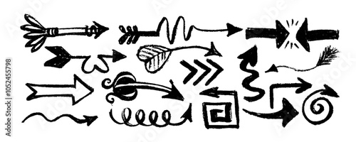 Big set of   drawn  charcoal bold arrows. Collection of grunge hand drawn doodle thick arrows in different directions. Isolated black vector arrows charcoal arrows, direction pointers icons.