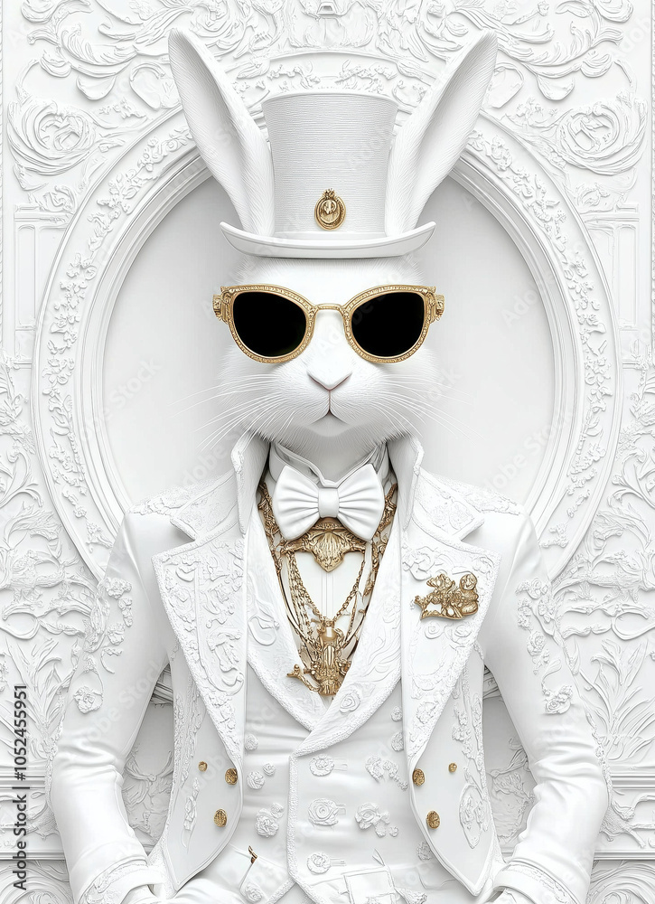 custom made wallpaper toronto digitalAn Easter white bunny in white suit,white background and everything in white with a black top hat and black sun glasses. April fool day, Easter holidays concept background, holiday card