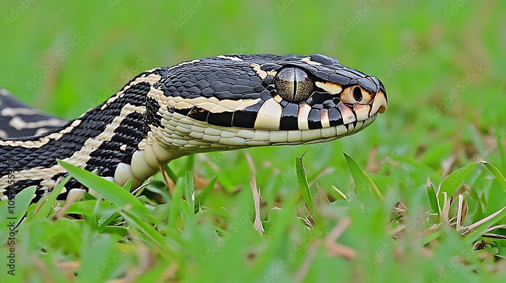 Fototapeta premium A close-up of a snake with distinctive black and white patterns resting on green grass.