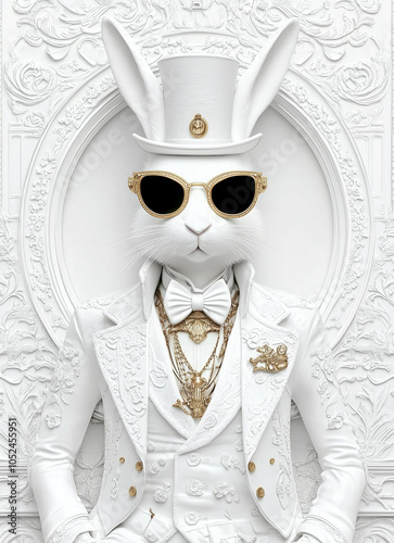 An Easter white bunny in white suit,white background and everything in white with a black top hat and black sun glasses. April fool day, Easter holidays concept background, holiday card