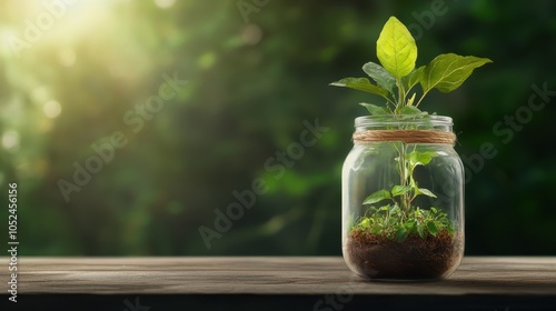 A refreshing image of a green plant thriving inside a glass jar, set against a blurred natural background, symbolizing growth, life, and containment in a creative display.