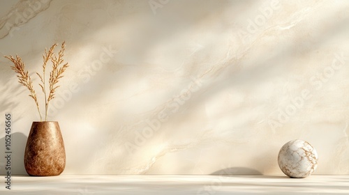 A solitary brown vase with dried grass sits on a marble surface, casting subtle shadows and evoking a serene, minimalist ambiance with natural textures. photo