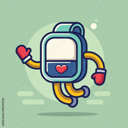 Cute cartoon illustration of a friendly smartwatch with a big smile and a heart on its screen, wearing red mittens.