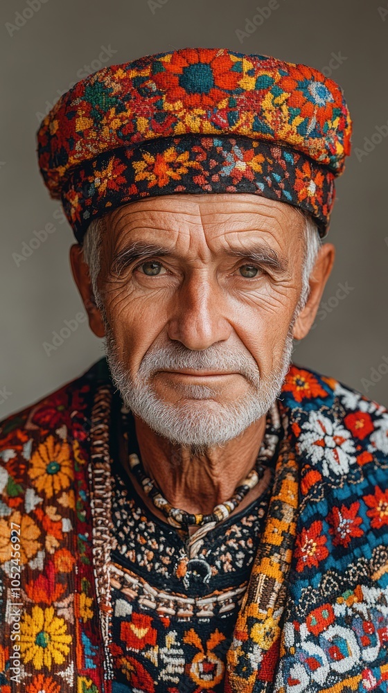 Fototapeta premium Portrait of an Elderly Man Wearing Traditional Clothing with Floral Patterns
