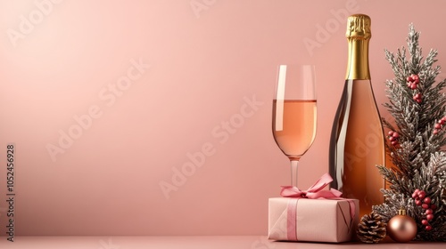 A sparkling pink champagne bottle and glass, accompanied by a wrapped gift and festive holiday decorations, creating an atmosphere of celebration and luxury.