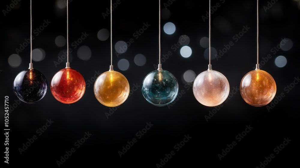 Six vibrant spherical glass ornaments hang suspended, each a different color, contrasting against a softly blurred bokeh background with sparkling lights. Six vibrant spherical glass ornaments hang suspended, each a different color, contrasting against a softly blurred bokeh background with sparkling lights.