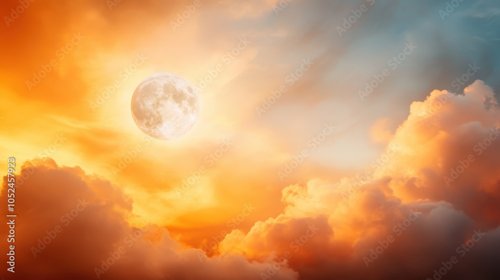 A captivating sunset scene with a visible moon amid a dramatic cloudscape, highlighting vibrant colors and contrasting elements, ideal for scenic and poetic imagery. A captivating sunset scene with a visible moon amid a dramatic cloudscape, highlighting vibrant colors and contrasting elements, ideal for scenic and poetic imagery.