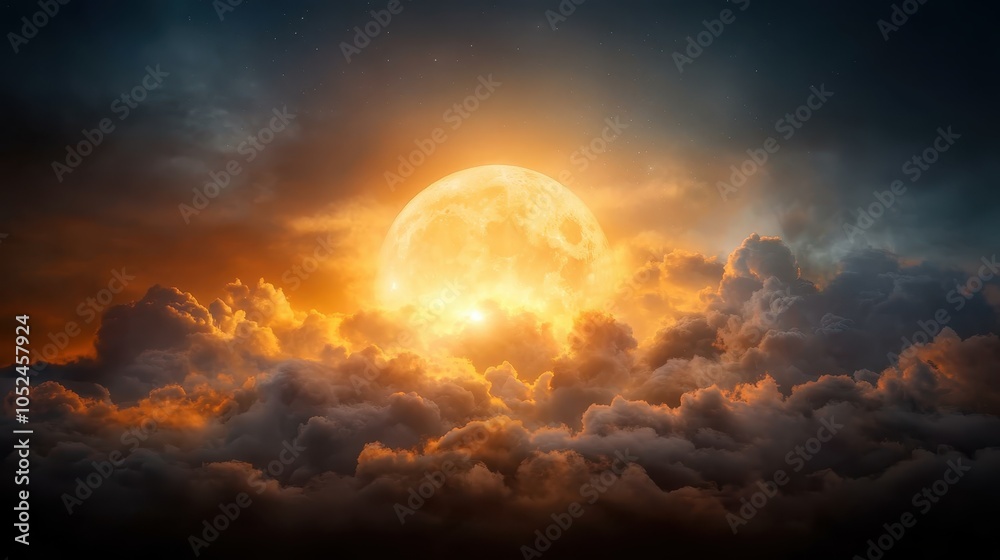 Naklejka premium A stunning night display spotlighting a full moon with intricate detail against an expansive cloud backdrop, perfect for cosmic allure and artistic inspirations.