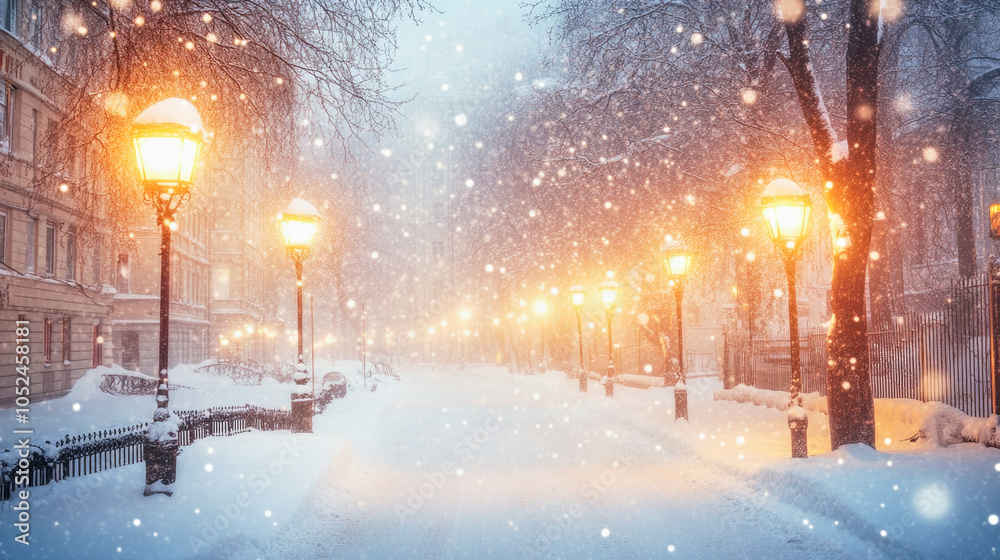 Obraz premium A mystical blizzard blankets an empty city street illuminated by glowing lanterns