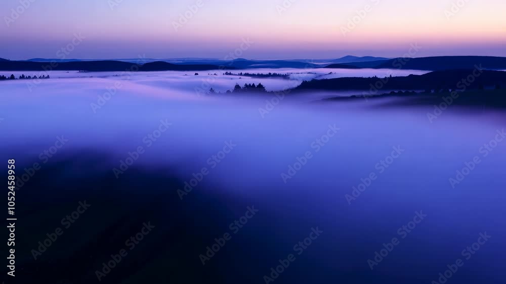 Wide shot of iridescent mist drifting over a twilight landscape Wide shot of iridescent mist drifting over a twilight landscape