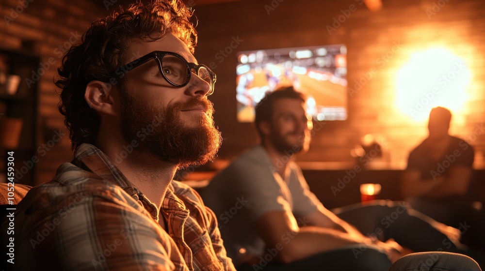 A bearded man wearing glasses intently watches a sports game on a TV screen with his friends in a cozy, warmly-lit room, showcasing a relaxed atmosphere. A bearded man wearing glasses intently watches a sports game on a TV screen with his friends in a cozy, warmly-lit room, showcasing a relaxed atmosphere.