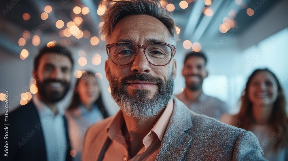 A confident, bearded man in a suit stands prominently with a group of friends at a lively festive event, exuding charm and joy amidst bright, twinkling lights. A confident, bearded man in a suit stands prominently with a group of friends at a lively festive event, exuding charm and joy amidst bright, twinkling lights.
