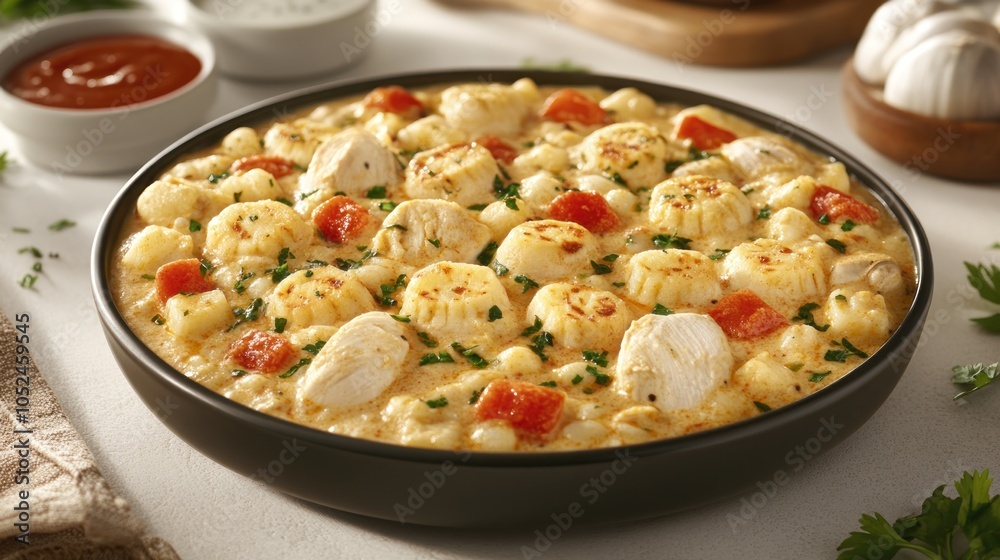 A warm bowl filled with fluffy dumplings, tomatoes, and herbs creates a comforting meal A warm bowl filled with fluffy dumplings, tomatoes, and herbs creates a comforting meal